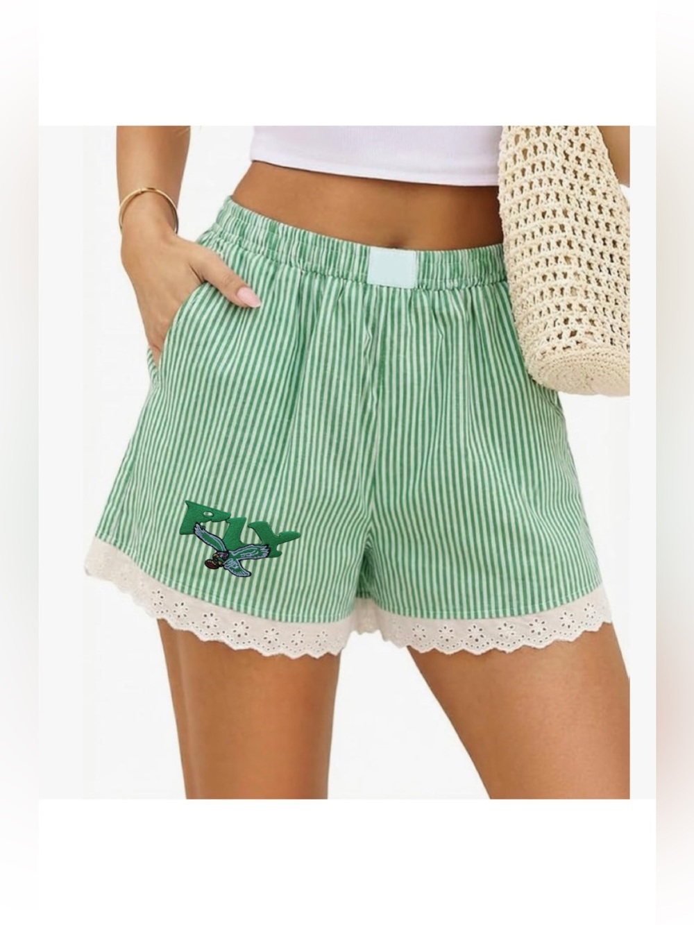 Philadelphia Eagles Green Striped Women's Shorts with Lace Trim